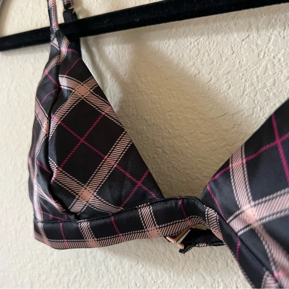 VICTORIA SECRET Black Pink Satin Triangle Plaid Bralette XS